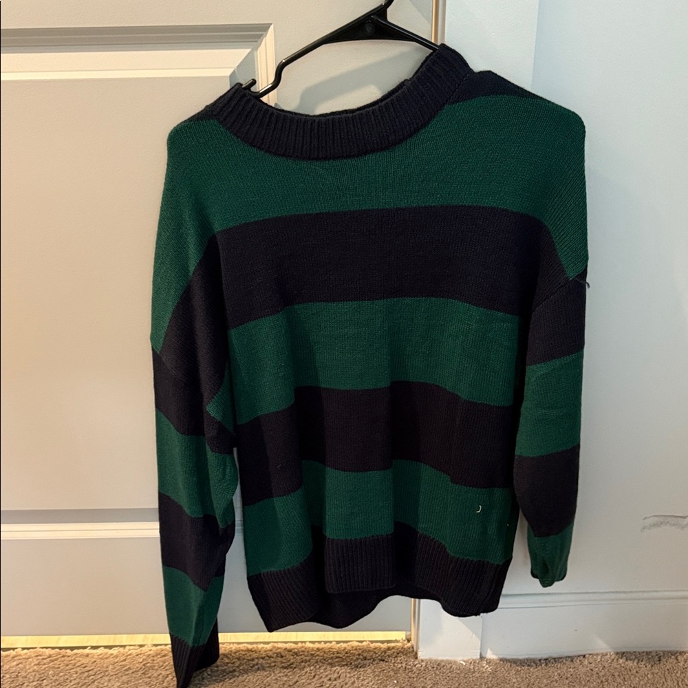 H&M Green and Black Striped Crewneck Sweater